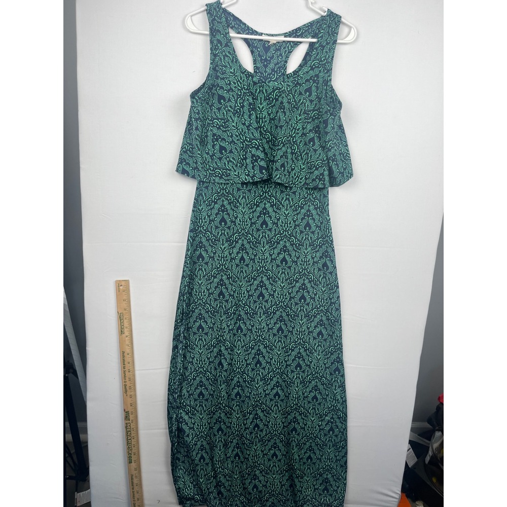 Freeway Sleeveless Maxi Dress Womens Small Paisley Ruffle Racerback Green Navy